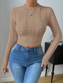 SHEIN Raffinéa Casual Solid Color Fitted Cropped Sweater, Autumn Fall Winter Cloth For Women - Khaki - View 6
