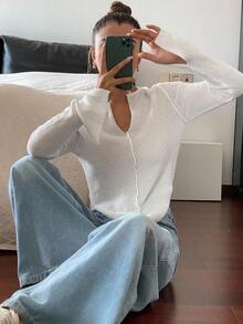 DAZY Áo len dệt kim dáng ôm tay dài xẻ tà màu trơn cho nữ, mùa thu/đông - trắng - Xem 7