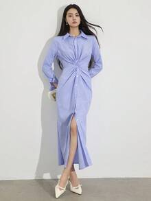 Heiryn Robe chemise à manches longues, épaules régulières, rayée, avec torsade devant pour femmes