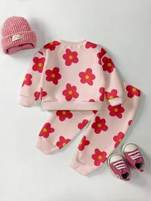 SHEIN Playful Pals 2 件套女婴休闲时尚可爱甜美花卉全印花粉色圆领运动衫和运动裤套装，秋冬 - 彩色 - 查看 2