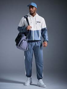 DRIFTMERE 男士休闲字母印花连帽夹克和抽绳运动裤套装，时尚百搭，适合春秋季、秋冬季节，可作运动服、健身房、慢跑套装 - 藍色 - 查看 5