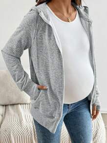 SHEIN 3-In-1 Maternity Hoodie Jacket With Pocket, Solid Color Pregnancy Sweatshirt Outerwear   Zip Up Hoodie   Fall Women Clothes - Grey - View 7