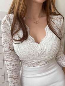 DAZY Women's Lace Top For Daily Wear Long Sleeve Top - White - View 7