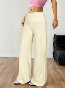 SHEIN EZwear Women's Loose Fit Wide Leg Casual Pants, Light Yellow - Light Yellow - View 4