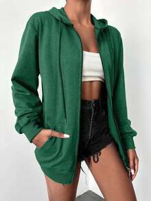 EURMUSE 100%Cotton Solid Zip Up Drawstring Hoodie - Green - View 3