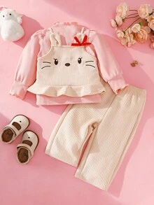 SHEIN Baby Girl Cute Solid Color Puff Sleeve T-Shirt & Cartoon Embroidered Strap Pants Set Fall Winter - Pink - View 1