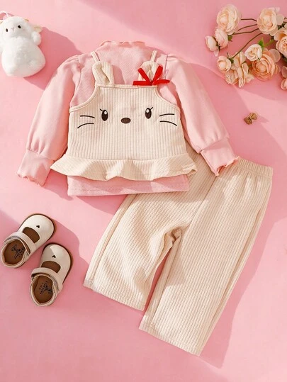 SHEIN Bộ áo thun tay phồng trơn màu dễ thương và quần dây thêu họa tiết hoạt hình cho bé gái