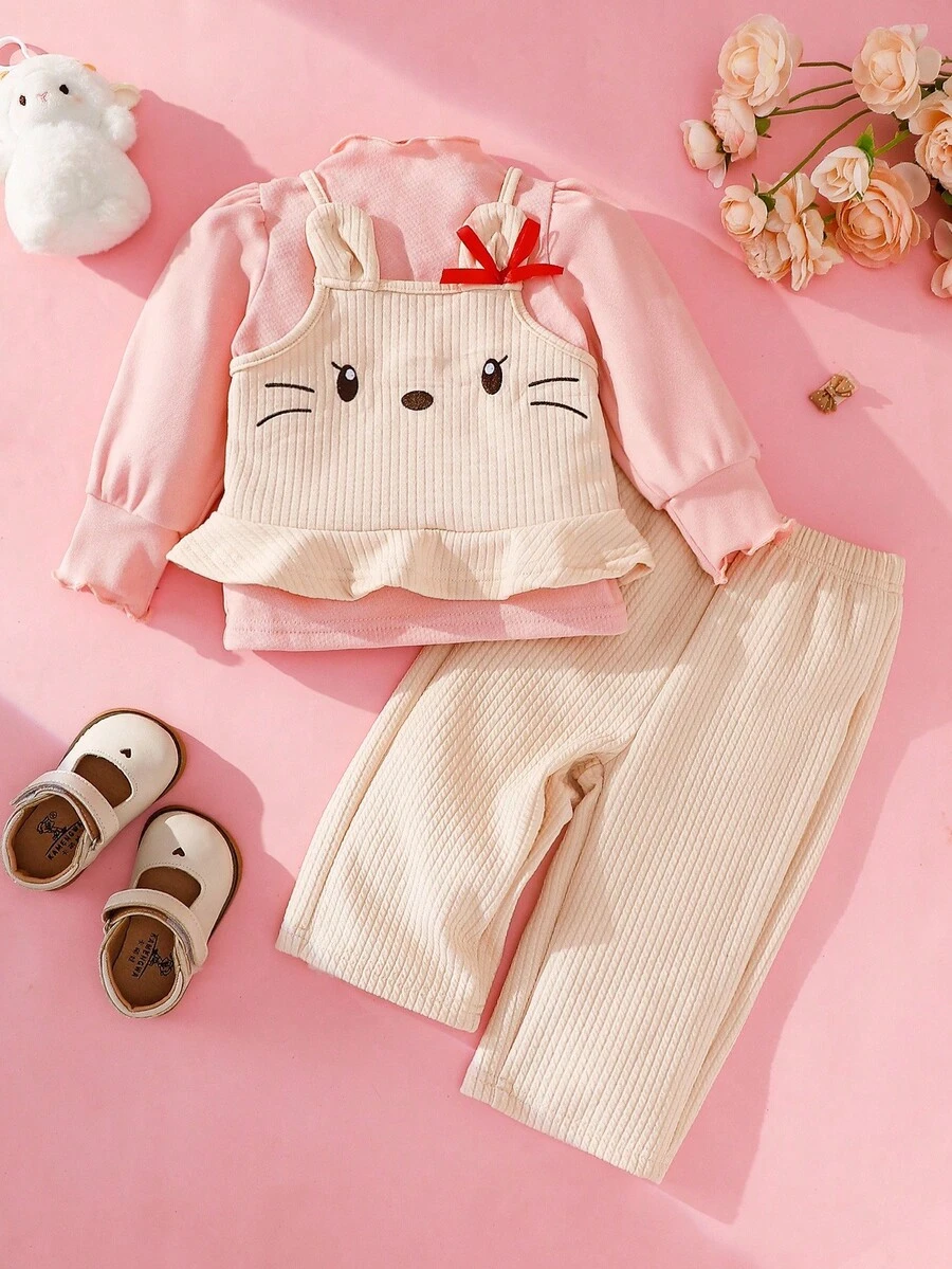 SHEIN Baby Girl Cute Solid Color Puff Sleeve T-Shirt & Cartoon Embroidered Strap Pants Set Fall Winter - Pink - View 1