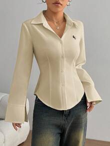 TRNVIE Women's Casual Autumn Knight Embroidery Front Button Waist Fitted Shirt - Light Yellow - View 4