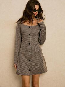 Poéselle 女式优雅千鸟格领长袖单排扣通勤连衣裙，秋季 - 棕色 - 查看 2