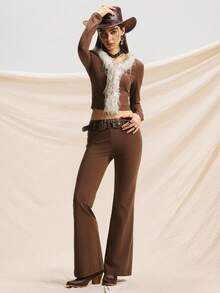 Easelle 两件套西装，刺绣，图案，长袖上衣，衬衫，长裤，水洗棉 - 棕色 - 查看 4