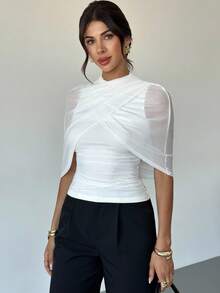 Firerie Áo lưới nhún bèo thường ngày dành cho nữ (Màu trắng) để mặc khi trở lại trường, đi làm, mặc cho giáo viên, mặc đi làm, đi chơi thường ngày, quần áo mùa thu dành cho nữ, quần thu/đông sang trọng, áo sang trọng, trang phục hẹn hò, áo cánh xã giao dành cho nữ và đàm phán kinh doanh. - trắng - Xem 5