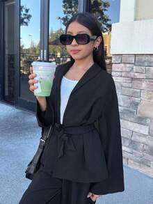 Firerie Kids Firerie Kids Tween Girl Elegant Casual Holiday Lapel Waist Tie Loose Shacket And High Waist Relaxed Pants, Suitable For Autumn And Summer Fall Winter - Black - View 3