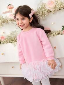 Babyflicka Söt Avslappnad Stickad Patchwork Organza Långärmad Klänning - Rosa - Visa 5