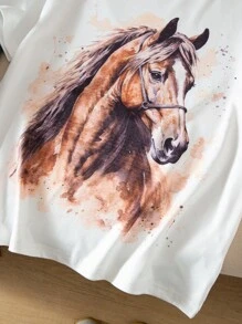 Tween Girl 3D Watercolor Horse Print Round Neck Short Sleeve White T-Shirt - White - View 6