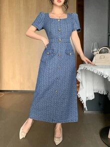 DAZY Casual Washed Floral Print Square Neck Puff Sleeve Women Denim Dress, Summer