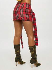 SUMWON WOMEN Holiday Festival Plaid Mini Skirt Studded Tartan Check Pattern Belt Detail High Rise Grommet Winter Party Club Short Skater Skirt - Multicolor - View 2