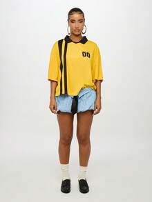 SUMWON WOMEN Boxy Varsity Style Collared Polo Top With Diagonal Stripe Detail And Number Print Half Sleeve Drop Shoulder Casual Preppy Oversize Tshirt - Yellow - View 1