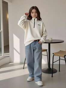 Tween Girl Thermal Lined Half Zip Sweatshirt - Apricot - View 8