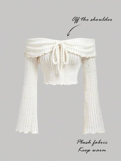 SHEIN MOD 女式毛绒露肩纯色喇叭袖T恤、万圣节、露肩上衣、女士演唱会服装、波西米亚风女装、返校季、女士秋季服装、女士外出上衣