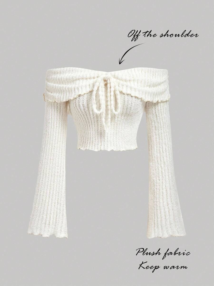 SHEIN MOD Women's Fuzzy Off Shoulder Solid Color Flare Sleeve T-Shirt,Halloween,Off The Shoulder Top,Concert Outfits For Women,Boho Women Clothing,Back To School,Fall Clothes For Women,Going Out Tops Women,Fall Outfits,Winter Outfits,Chic Top