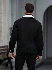 Manfinity Homme 男士长袖翻领装饰纽扣保暖休闲羊羔绒保暖内衬夹克，冬季灯芯绒黑色秋季夹克 - 黑與白 - 查看 2