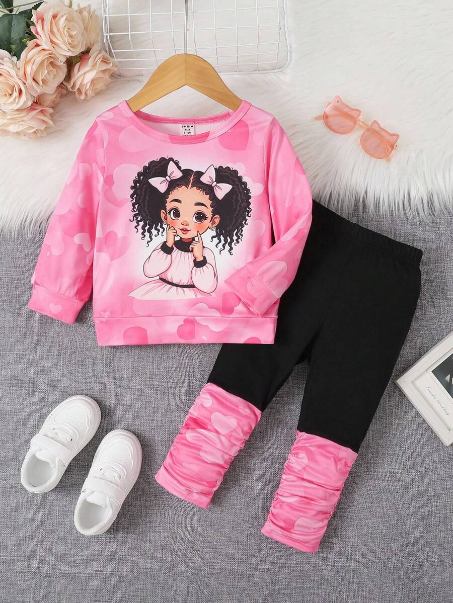 SHEIN 女嬰卡通愛心印花T恤與內搭褲套裝,適合婚禮、派對、舞會、生日、萬聖節、畢業季,秋季粉黑配色可愛爸爸的小女孩 - 彩色 - 查看 1