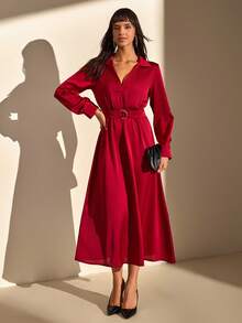 CLARA VERO Solid Color, Long Sleeve, Belted, V-Neck, Long Dress - Red - View 4