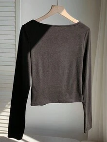 Comfortcana Women's Fitted Plaid Print Twist Collar Elegant Long Sleeve T-Shirt - Black - View 2