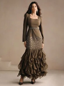 Anewsta Váy dạ hội đuôi cá dài đính hạt thanh lịch, váy dạ hội cao cấp cho mùa thu, đông, năm mới, tiệc tùng, đám cưới - màu nâu - Xem 5