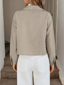 Easowa 女士休闲宽松翻领单排扣夹克，带口袋，双色花卉图案，适合秋冬通勤休闲 - 卡其色 - 查看 2