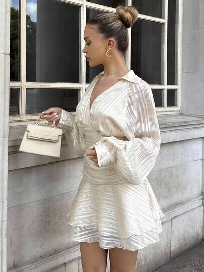  Glamine Sexy V-Neck Apricot Lantern Sleeve Double Layer Ruffle Hem Backless Mini Dress For Women.Suitable For Party, Casual Business, Birthday, Holiday, Sexy Chic Style. Fall Cloth For Women Lantern Sleeve Dress Bell Sleeve Dress White Long Sleeve Dress White Satin Dress