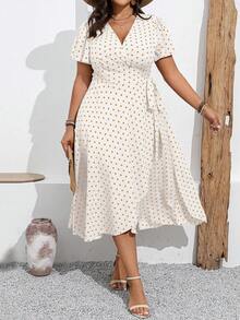 Elenzga 大码裹身荷叶边下摆波点短袖连衣裙 - 卡其色 - 查看 1
