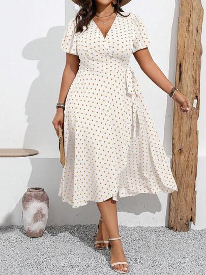 Elenzga 大码裹身荷叶边下摆波点短袖连衣裙