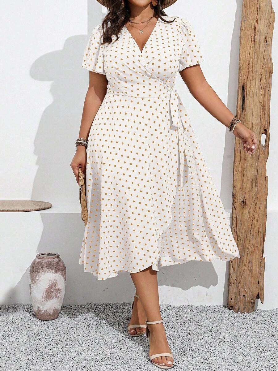 Elenzga 大码裹身荷叶边下摆波点短袖连衣裙 - 卡其色 - 查看 1