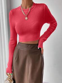 EMERY ROSE Women's Solid Color Round Neck Long Sleeve Cropped Fitted Pullover Sweater, Autumn Fall Winter Cloth For Women, Christmas - Watermelon Pink - View 3