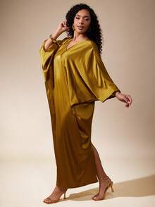 Vixey 纯色缎面 V 领蝙蝠袖后开衩宽松连衣裙 - 黃色 - 查看 6