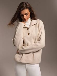 Hanevo Casual Solid Color Minimalist Navy Collar Button Design Knit Sweater, Autumn/Winter New Arrival - Apricot - View 5