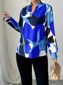 Elenzga Fashionable Commuter Contrast Color Print Notch Collar Shirt - Blue - View 4