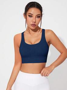 SHEIN Core Rhythm 女士无缝运动文胸，带可拆卸肩带 - 藏蓝色 - 查看 3