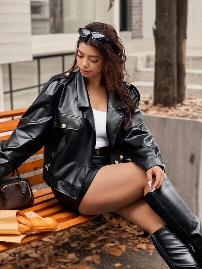 Vionelle 大码女式法式休闲长袖皮夹克，秋冬