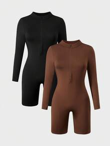 Teen GirlCasual All-Match Versatile Sports Street Yoga Skiing Diving Zip-Up Stand Collar Long Sleeve Shorts Tight Jumpsuit Fall Winter - Multicolor - View 1