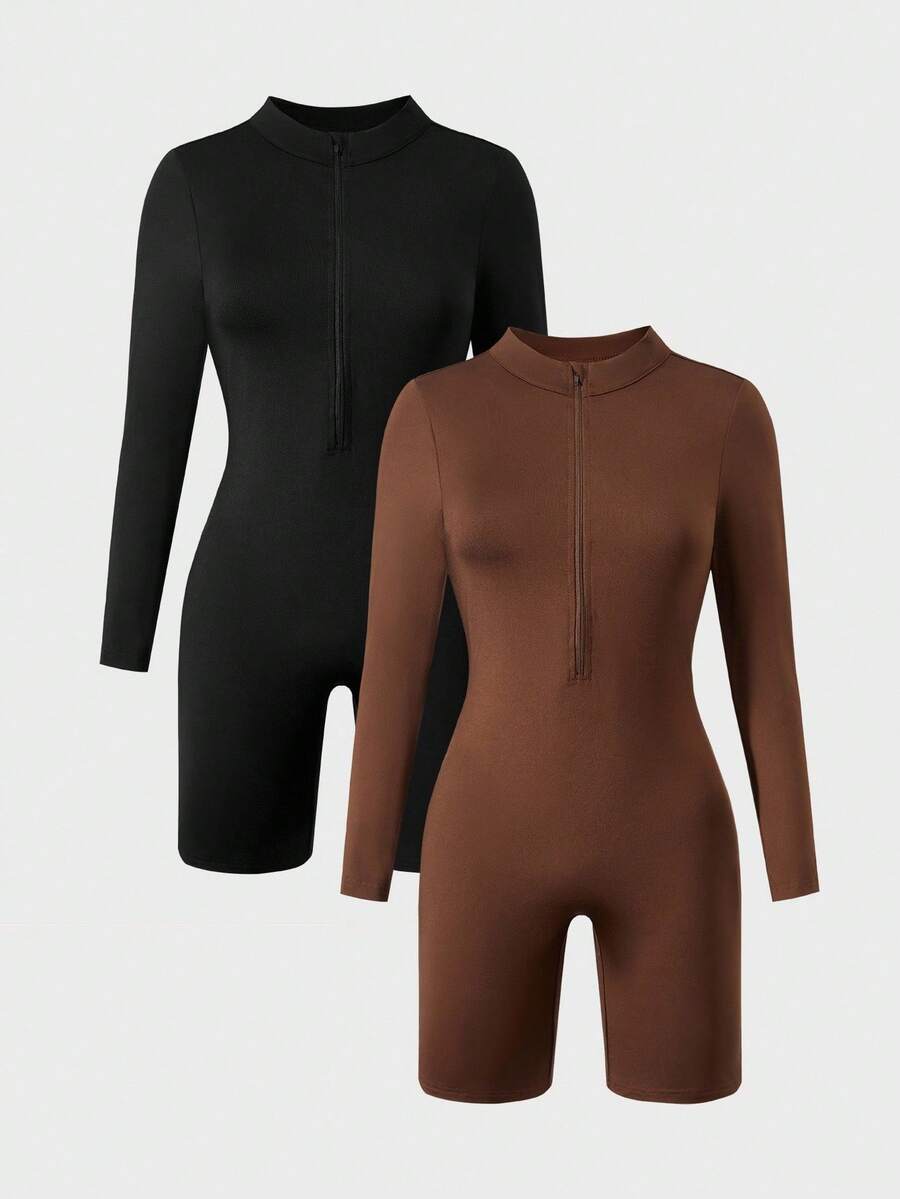 Teen GirlCasual All-Match Versatile Sports Street Yoga Skiing Diving Zip-Up Stand Collar Long Sleeve Shorts Tight Jumpsuit Fall Winter - Multicolor - View 1