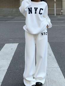 Muchica 2pcs NYC Print White Women Loose Fit Off-Shoulder Sweatshirt And Wide Leg Thermal Lined Sweatpants Set, Suitable For Autumn/Winter,Fall - White - View 4