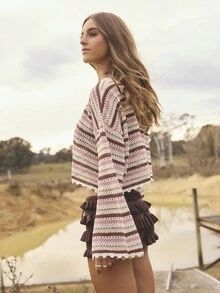 Aralina Fall Winter Wide Long Sleeve Mulit Colour Striped Knitted Cropped Sweater With Scalloped Hem And Cuff Detail - Multicolor - View 3