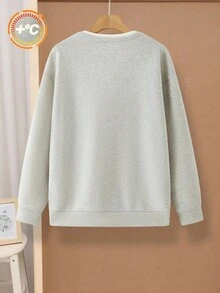 SHEIN 休闲纯色装饰标签细节二合一圆领落肩卫衣，简约基本百搭，适合居家、通勤、学校、日常休闲、旅行、户外、派对、秋冬 - 彩色 - 查看 4