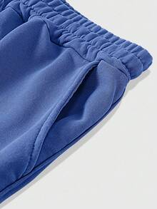 ROMWE MEN Street Life Quần short nam dáng rộng, màu trơn, có dây rút, túi eo - Màu xanh lam - Xem 4