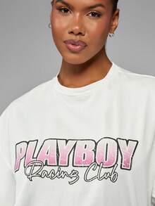 Missguided x Playboy Racing Club Vintage Style Cotton T-Shirt With Pink Racing Car Design Oversized Fit Basic Short Sleeve Casual Summer Streetwear - White - View 3