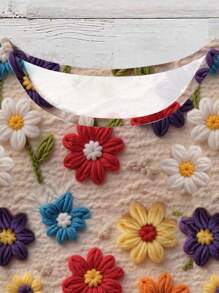 EMERY ROSE 大码女装日常休闲优雅复古假日风格热带仿羊毛花卉复古图案圆领双层盖袖宽松衬衫，女式夏装 - 彩色 - 查看 6