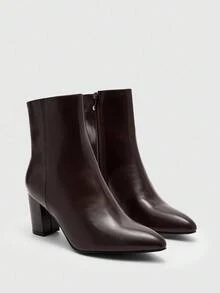 CUCCOO BIZCHIC 女士尖头粗跟短靴，时尚简约通勤踝靴，侧拉链，经典咖啡色，中跟，秋冬 - 咖啡棕 - 查看 9